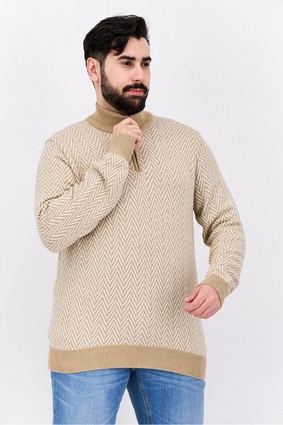 Perry Ellis Men Mock Neck Long Sleeves Herringbone Pattern Sweater, Tan