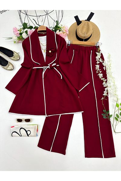 YEDİLALE Crepe Suit with Rose Brochet