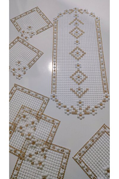 NMSONE Kasnakişi Boncuklu Salon Seti (1 Uzun Masa Ranir 6 Adet Peçete )