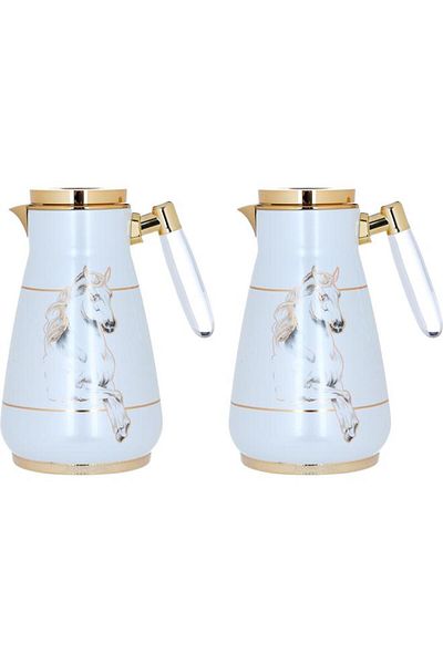ALSAIF Steel Thermos 1/0.75 Liter Horse Pattern Clear Handle 2 Pieces Cream