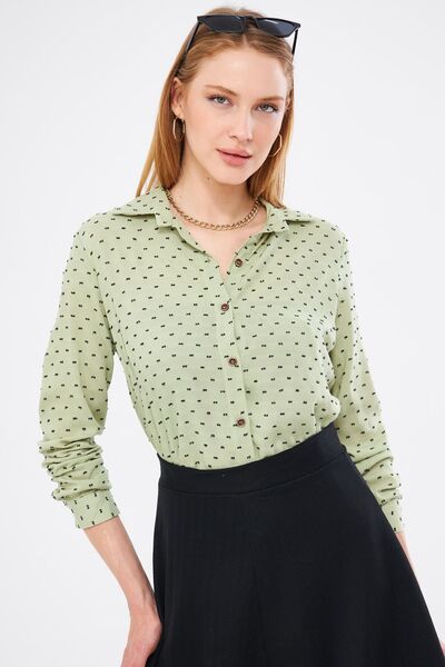 armonika Kadın Yeşil Desenli Uzun Kol Gömlek ARM-24K001023