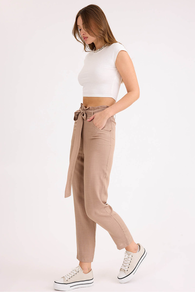 Vitrin High Waist Belted Viscose Linen Trousers