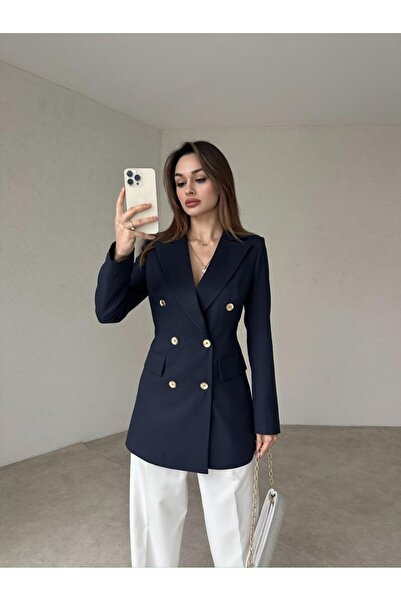 popibutik Kadın Çift Düğme Atlas Kumaş Ceket