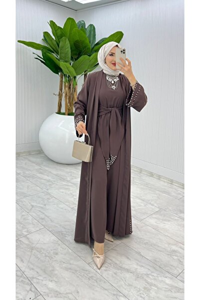 FIRSTESLEM İncili Tulum ve Abayalı Dubai Krep Kadın Şık tulumlu Abaya takımı