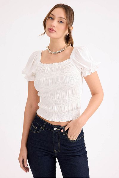 Vitrin Square Neck Viscose Linen Crop Blouse