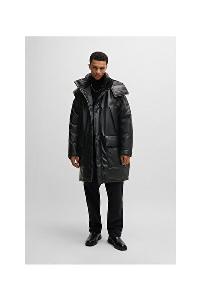 HUGO Logolu kapüşonlu suni deri rahat kesim kaban