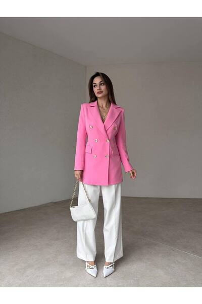 Genel Markalar Kadın Çift Düğme Atlas Kumaş Ceket