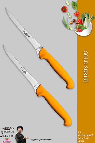 LAZBİSA Gold Serisi Mutfak Fileto Bıçağı Steak Bıçak Et Balık Tavuk Fileto Bıçağı 2 Li Set ( Mft-015 )