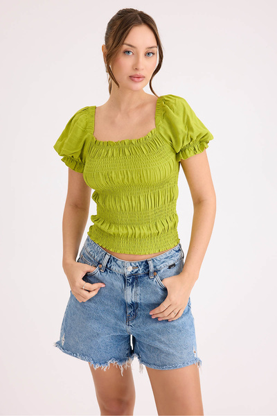 Vitrin Square Neck Viscose Linen Crop Blouse