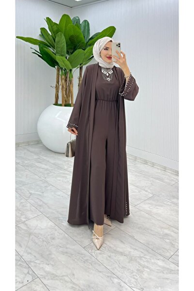 FIRSTESLEM İncili Tulum ve Abayalı Dubai Krep Kadın Şık tulumlu Abaya takımı