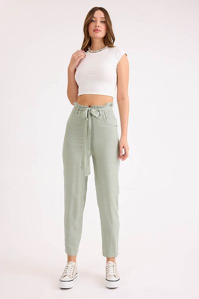 Vitrin High Waist Belted Viscose Linen Trousers