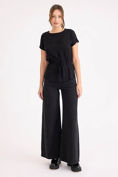 Vitrin Round Neck Linen Blouse with Drawstring Waist