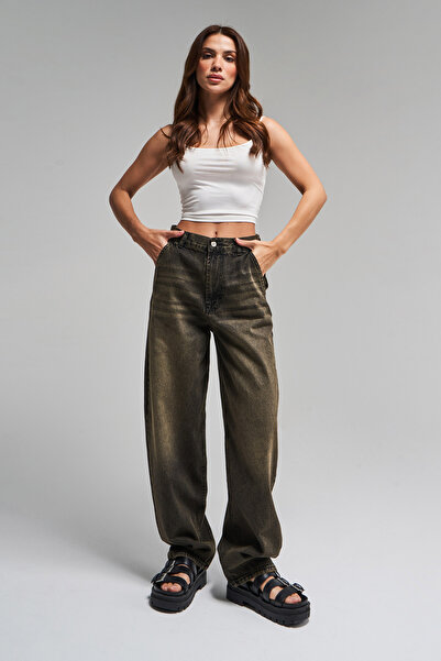 its basic Women's Khaki Denim Color Juniper 4S5-86 Skater Fit Loose Cut 100% Koton Mid Waist Denim Jean