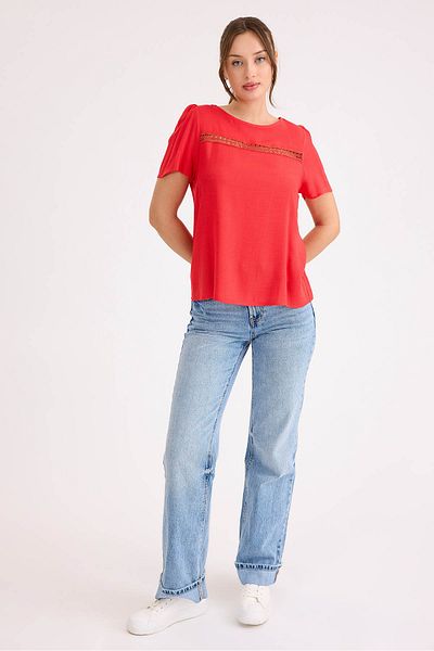 Vitrin Laced Short Sleeve Linen Blouse