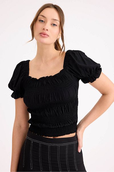 Vitrin Square Neck Viscose Linen Crop Blouse