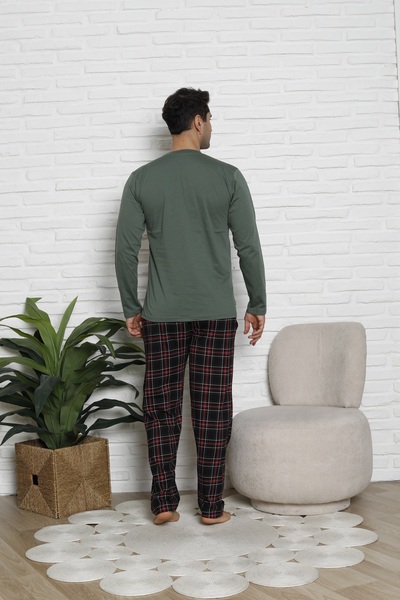 KAPİTEX Father Son Combination Printed Collar Buttoned Plaid Navy Blue Color Men's Pajamas Set