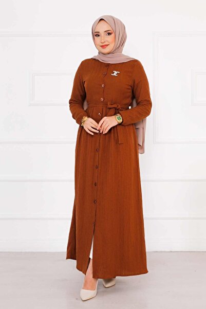 EBRUTESETTÜR Buttoned Dress with Elasticated Sleeves Brown