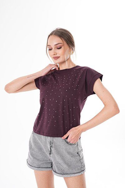 ŞİMAL Γυναικείο μπλουζάκι με λεπτομέρεια από πέτρα με λαιμόκοψη Oversize 250063 -