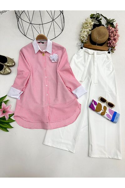 YEDİLALE Striped Shirt with Rose Brooch