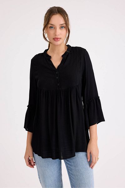 Vitrin Sleeve Ruffle Detailed Viscose Linen Buttoned Blouse