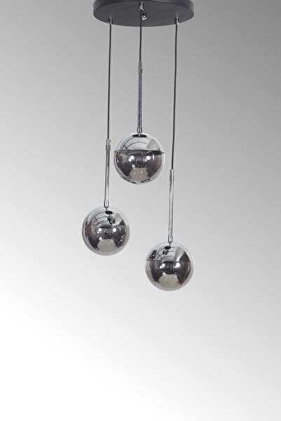 Luzarana Nova 3 Lü Krom-Siyah Metal Gövde Füme Camlı Tasarım Lüx Sarkıt Avize