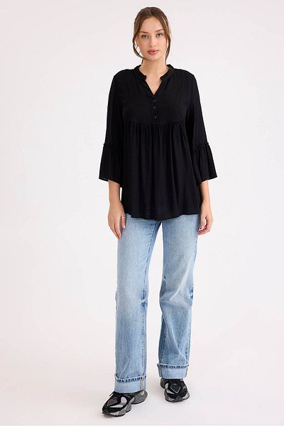 Vitrin Sleeve Ruffle Detailed Viscose Linen Buttoned Blouse