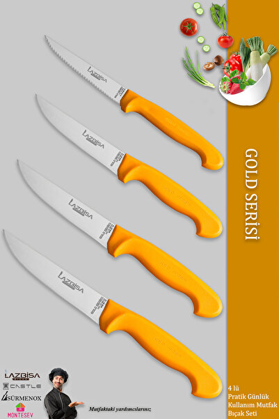 LAZBİSA Gold Serisi Mutfak Bıçak Seti Et Ekmek Sebze Meyve Bıçağı 4 Lü Set Gü...