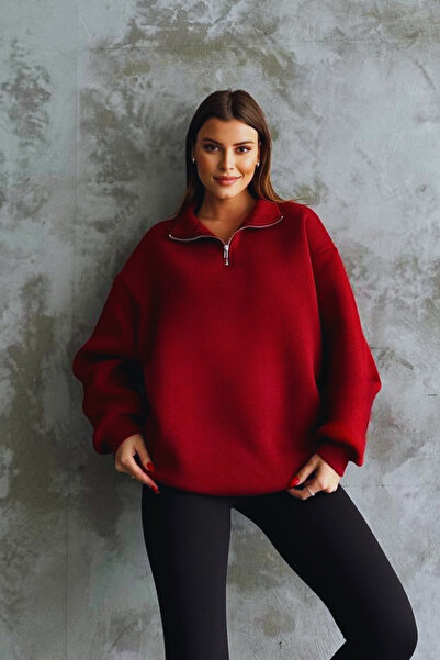 YAKAMEL Unisex 3 İplik Oversize Şardonlu Yarım Fermuarlı Swetshirt