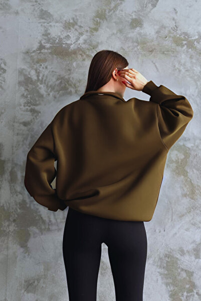 YAKAMEL Unisex 3 İplik Oversize Şardonlu Yarım Fermuarlı Swetshirt