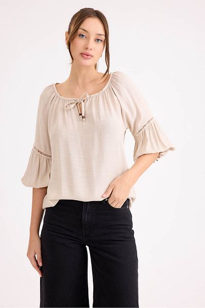 Vitrin Elastic Sleeve Front Tie Linen Blouse