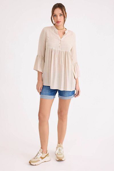Vitrin Sleeve Ruffle Detailed Viscose Linen Buttoned Blouse