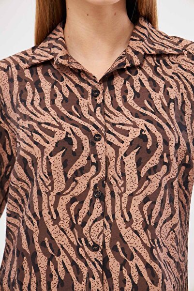 armonika Γυναικείο μακρυμάνικο πουκάμισο με σχέδιο μινκ-μπεζ ARM-25K 001040