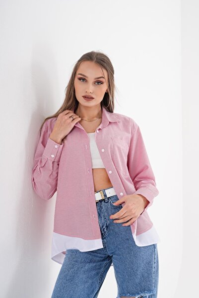 ŞİMAL Women's Line Print Double Look Single Pocket Detailed Shirt 250223   -