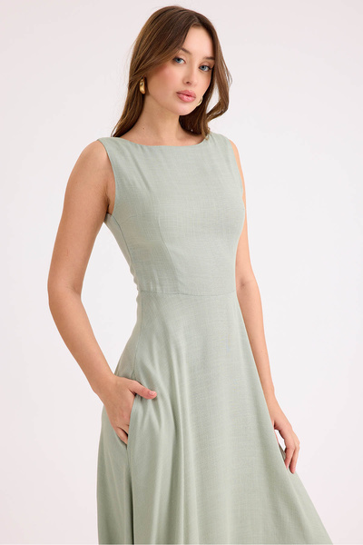 Vitrin Zero Sleeve Viscose Linen Midi Dress