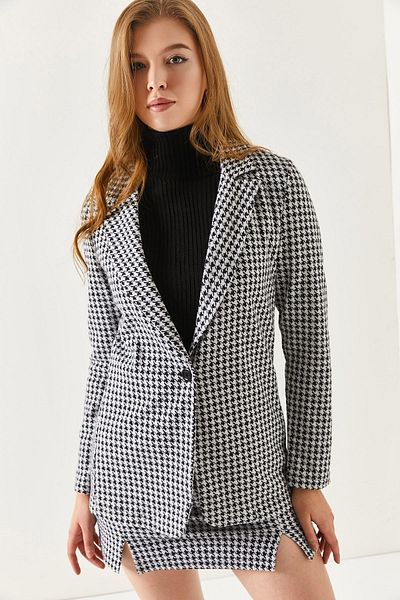 armonika Dámská černá bunda s jedním knoflíkem se vzorem Houndstooth ARM-20K001121