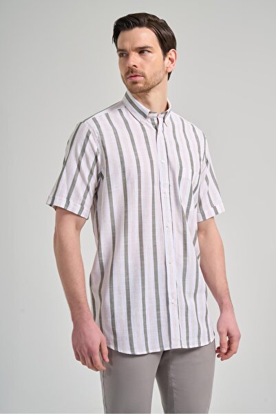 İmza Cotton Casual Comfort Fit Shirt - Short Sleeve, Stripe Pattern, Cloth Feet, Button Collar, Pocket 1004250167