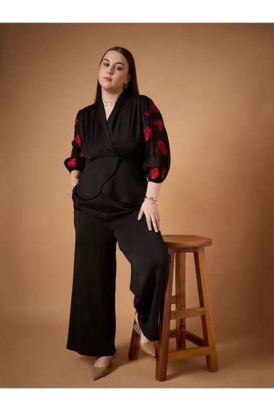Sassafras By Styli Plus Size Embroidered Sleeves Top and Straight Pants Set