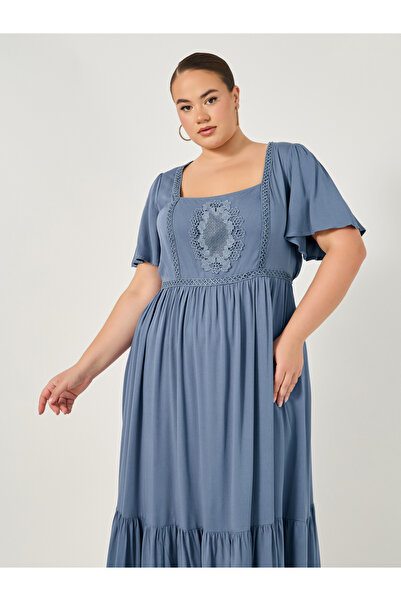 Styli Plus Size Embroidered Square Neck A-Line Maxi Dress