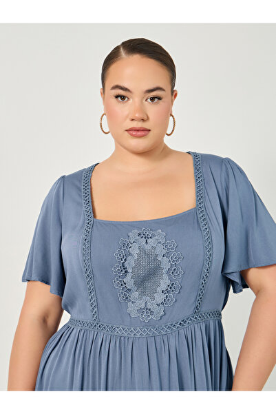 Styli Plus Size Embroidered Square Neck A-Line Maxi Dress