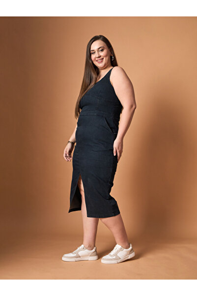 Sassafras By Styli Plus Size Denim Front Slit Sheath Midi Dress