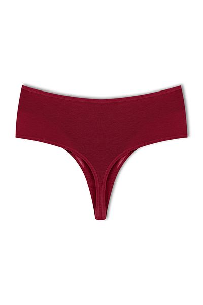 HNX Burgundy Front Double Layer Lined Lace High Waist Cotton Thong Women's Panties