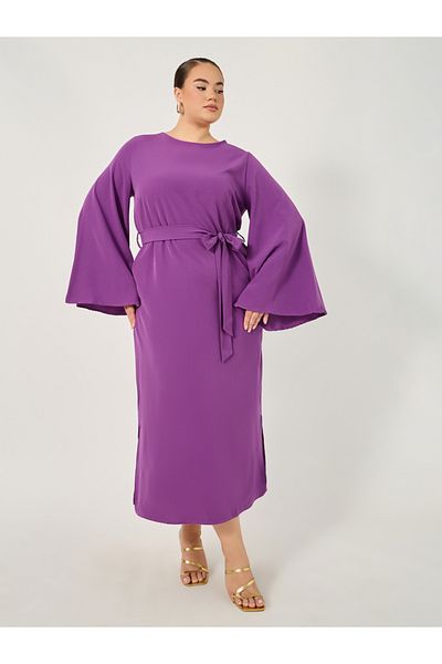 Styli Plus Size Solid Tie Belt Shift Maxi Dress with Side Slit