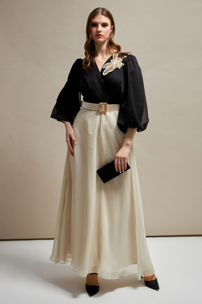 İnce Double Breasted Neckline Embroidery Detail Long Plus Size Chiffon Evening Dress