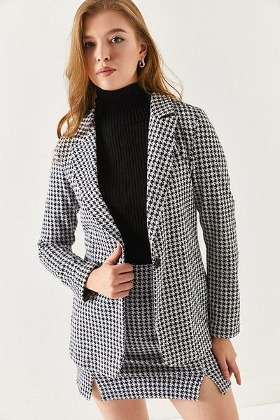 armonika Dámská černá bunda s jedním knoflíkem se vzorem Houndstooth ARM-20K001121