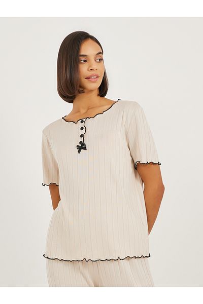 Styli Brushed Rib Contrast Edge Placket T-Shirt and Pyjama Set