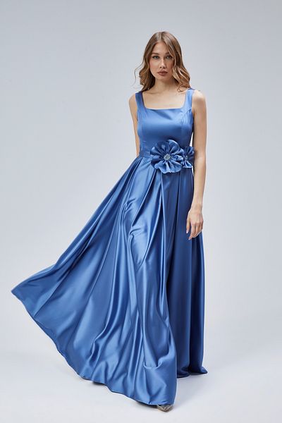 Asees Women's Evening Dress and Graduation Flower Detailed Square Collar Pleated Indigo Satin Evening Dress