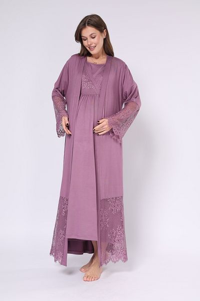 Rimel Homewear Plum Double Breasted Lace Maternity Nightgown Set