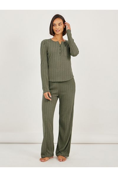 Styli Rib Button Front Notch Neck Pocket Top and Pyjama Set
