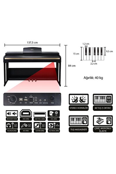 SAPPHIRE Jwin Sapphire SDP-214 Çekiç Aksiyonlu 88 Tuşlu Dijital Piyano - Siyah