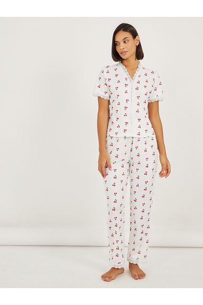 Styli Cherry Rib Lace Trim Shirt and Pyjama Set